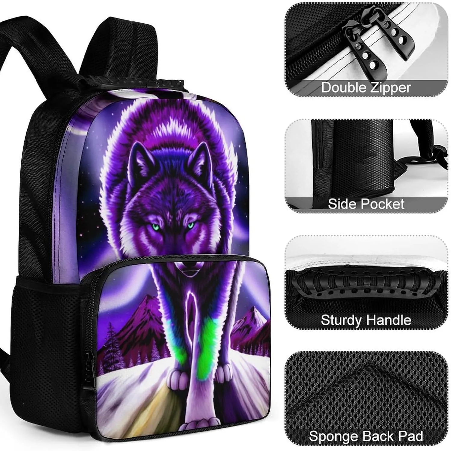Women Men Polyester Mountain And Northern Light Wolves Psychedelic Art Casual Daypack Large Capacity Bookbag With Side Pockets for Sports Picnic Walking Cycling