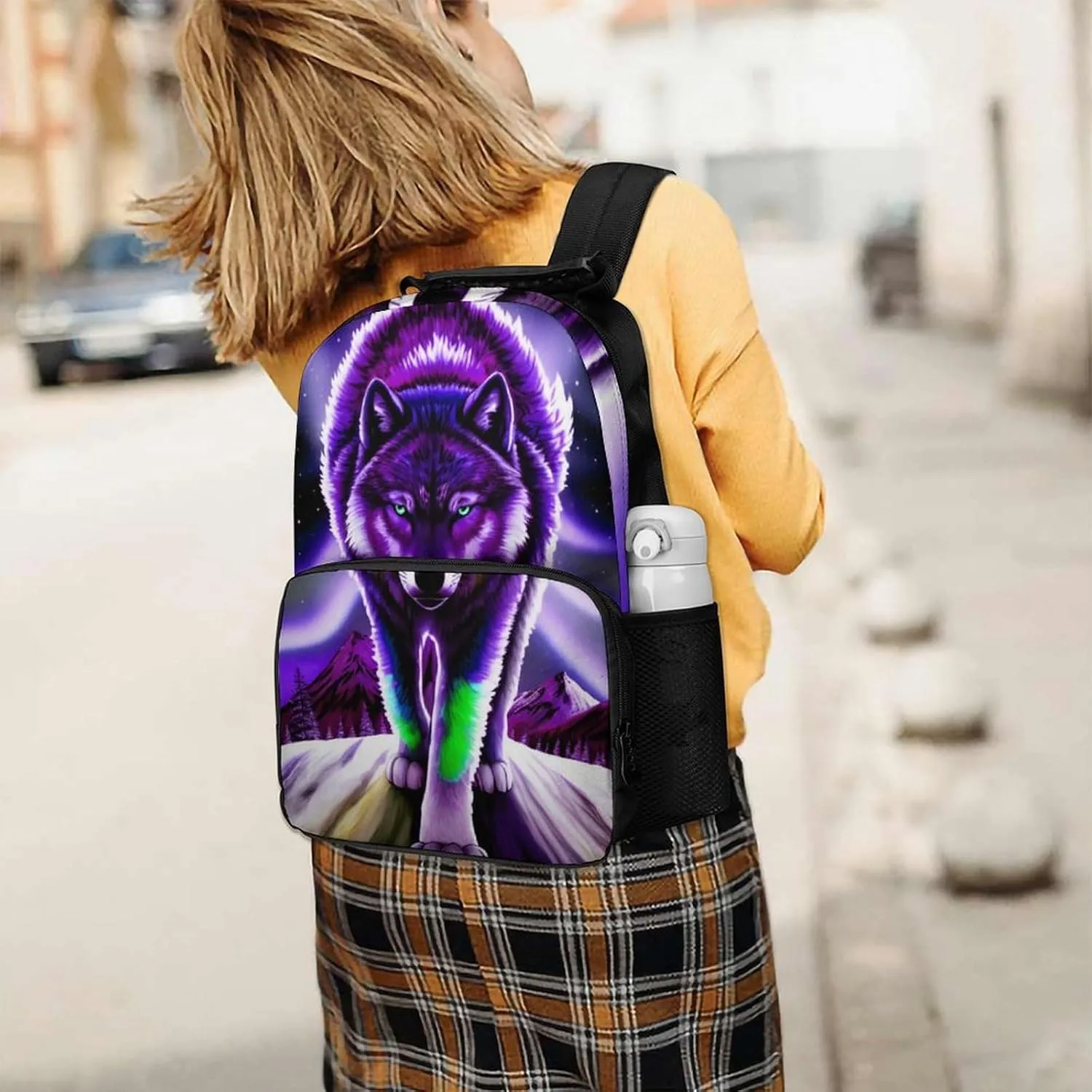 Women Men Polyester Mountain And Northern Light Wolves Psychedelic Art Casual Daypack Large Capacity Bookbag With Side Pockets for Sports Picnic Walking Cycling