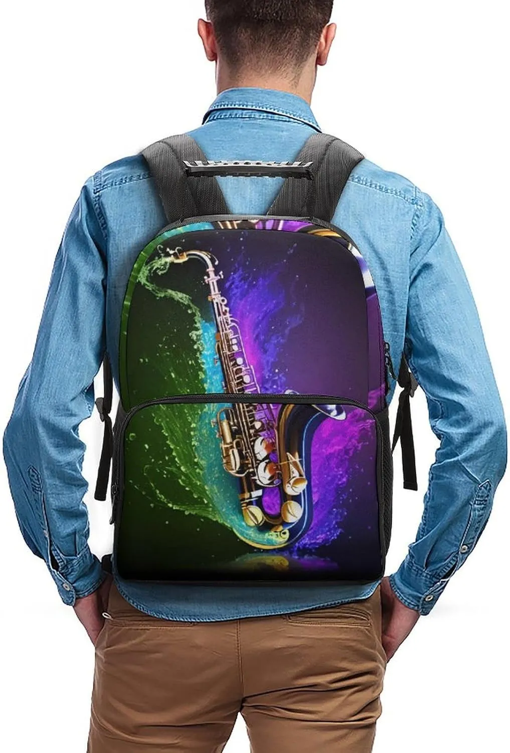 Women Men Polyester Saxophone In Fire And Water Art Casual Daypack Large Capacity Bookbag With Side Pockets for Sports Picnic Walking Cycling
