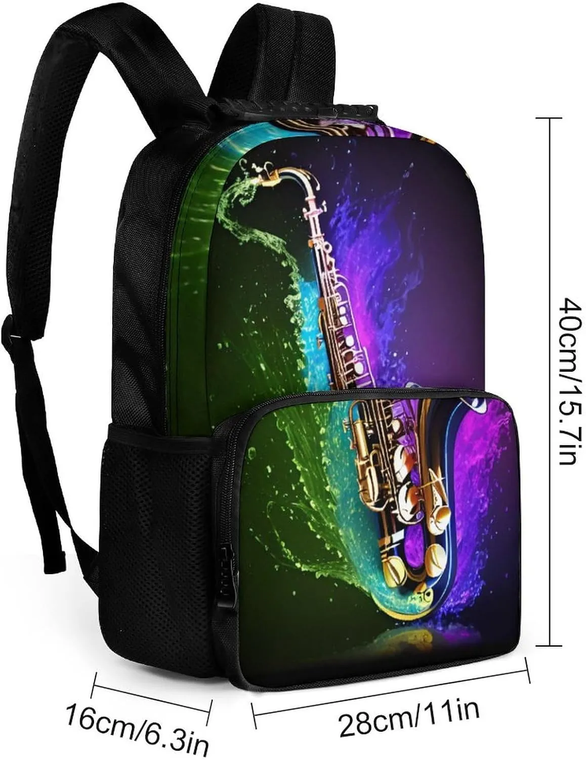 Women Men Polyester Saxophone In Fire And Water Art Casual Daypack Large Capacity Bookbag With Side Pockets for Sports Picnic Walking Cycling