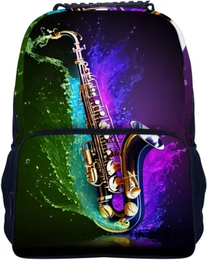 Women Men Polyester Saxophone In Fire And Water Art Casual Daypack Large Capacity Bookbag With Side Pockets for Sports Picnic Walking Cycling