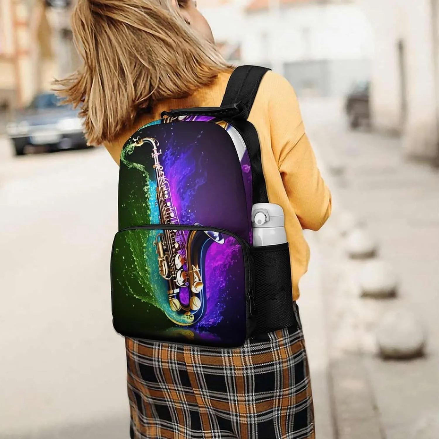 Women Men Polyester Saxophone In Fire And Water Art Casual Daypack Large Capacity Bookbag With Side Pockets for Sports Picnic Walking Cycling
