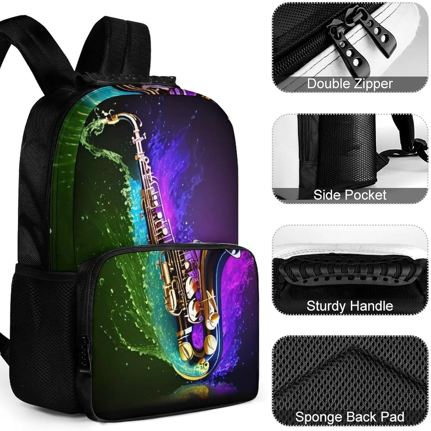 Women Men Polyester Saxophone In Fire And Water Art Casual Daypack Large Capacity Bookbag With Side Pockets for Sports Picnic Walking Cycling