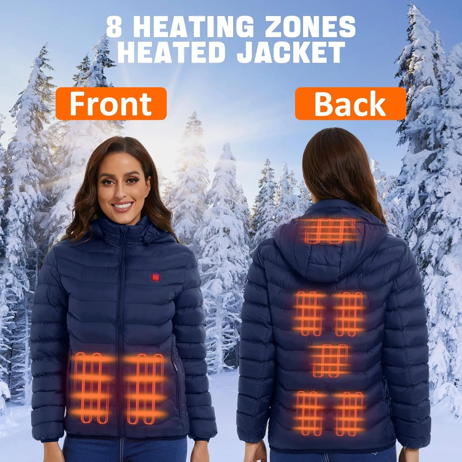 Women’s heated jacket with 2pack 10000mAh Battery Pack, QTREE Lightweight Heated Coat with 8 Areas Heating