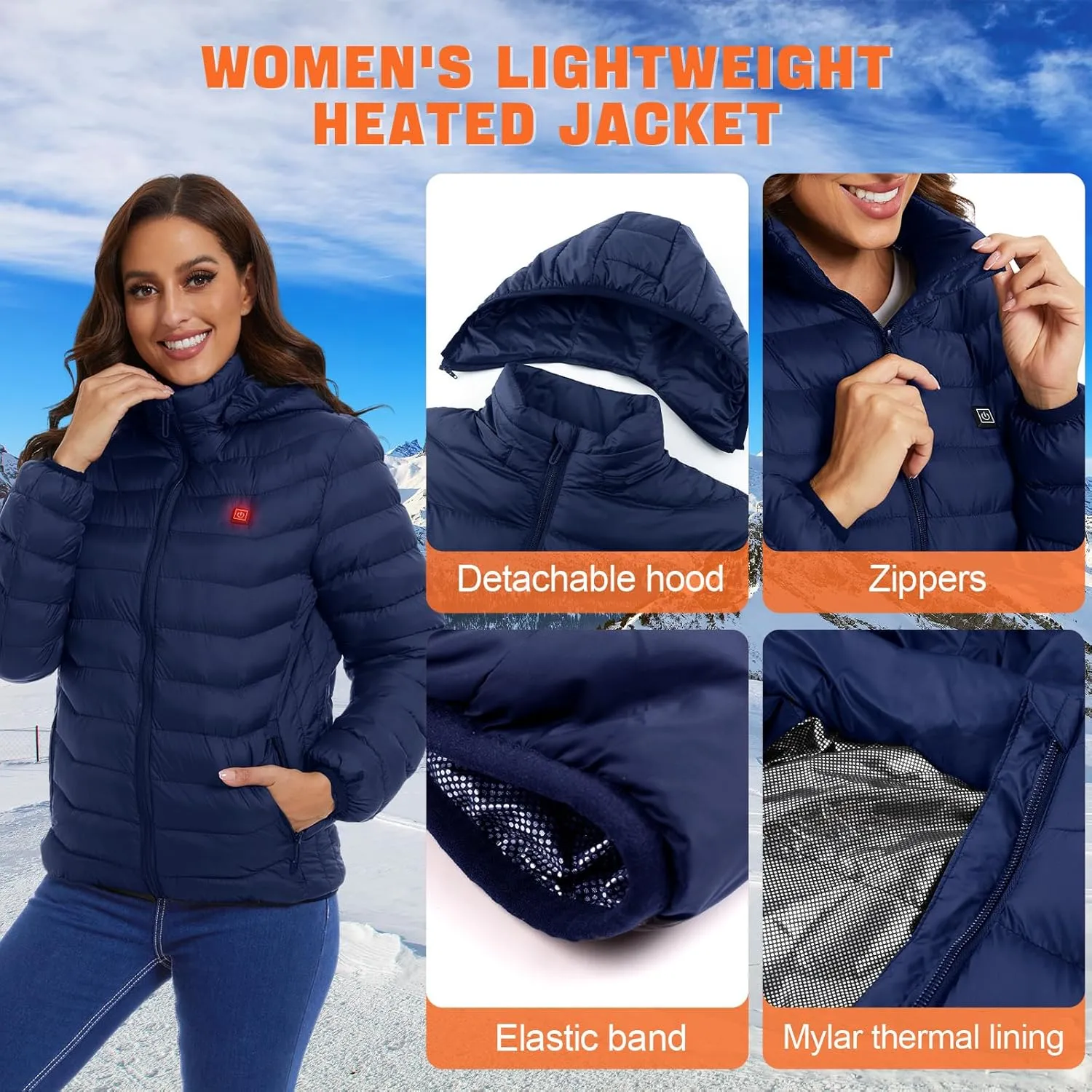 Women’s heated jacket with 2pack 10000mAh Battery Pack, QTREE Lightweight Heated Coat with 8 Areas Heating