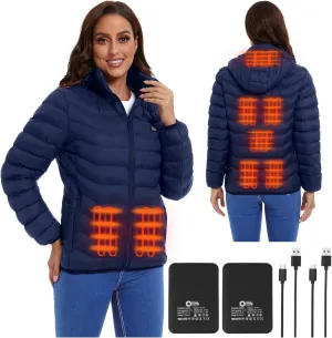 Women’s heated jacket with 2pack 10000mAh Battery Pack, QTREE Lightweight Heated Coat with 8 Areas Heating