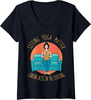 Womens Sitting Yoga Master Couch Surfing Laziness Lazy Sofa Surfer V-Neck T-Shirt