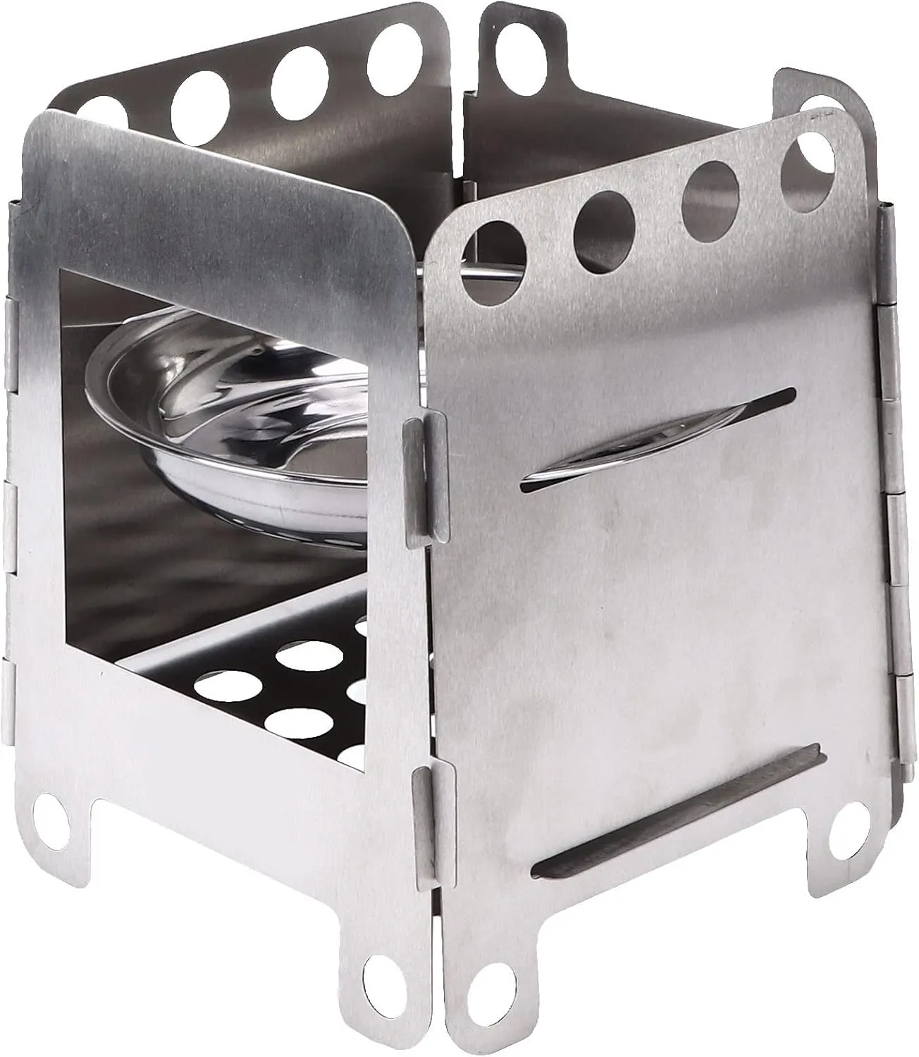 Wood Stove, with Stainless Steel Alcohol Tray, Portable Foldable Stove for Camping Picnic Hiking, Wood Burning Stove, Large Ashes Holes, 350g Lightweight, 201 Stainless Steel