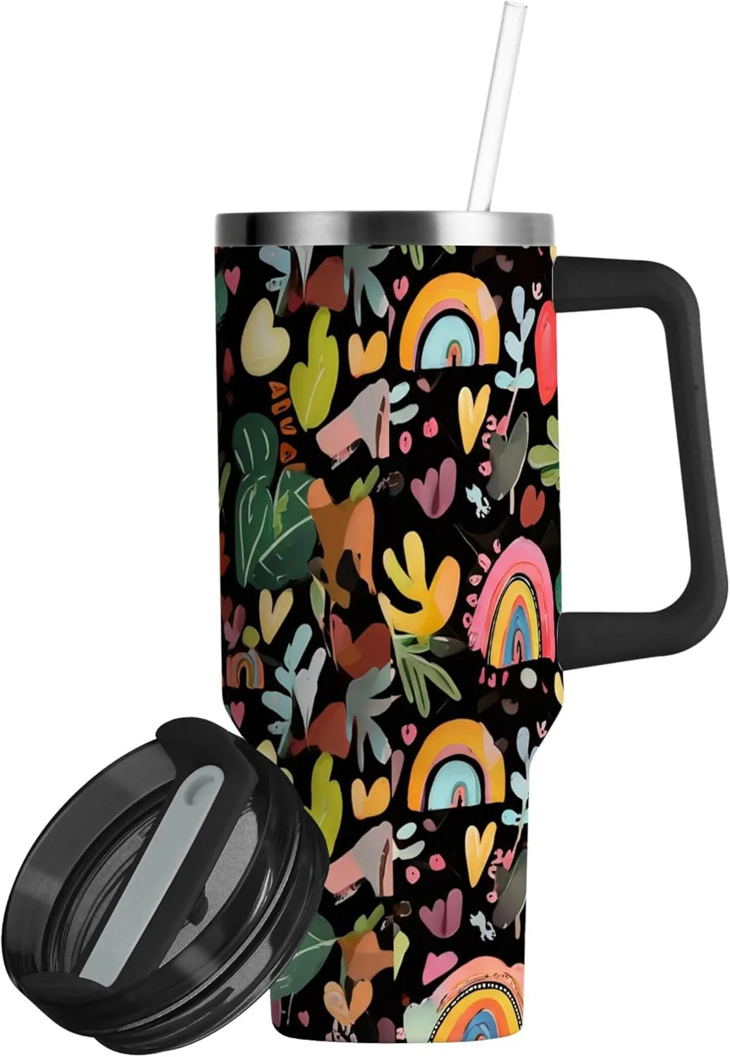 xigua 40 oz Colorful Rainbows Tumbler with Handle and Straw Lid, Stainless Steel Vacuum Insulated Sports Water Bottle, Keeps Cold or Hot Coffee Cup Travel Mug