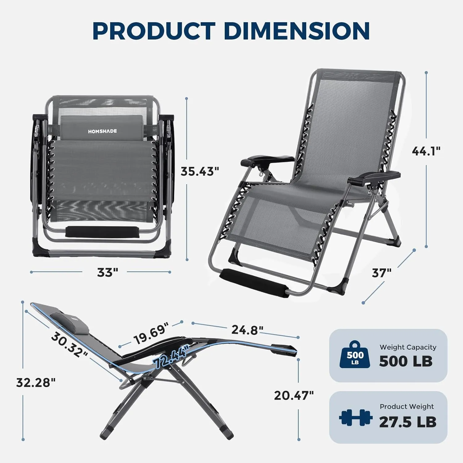XXL Zero Gravity Chair with Cushion, 33In Oversized Zero Gravity Lounge Chair, Patio Outdoor Recliner Chair for Indoor Outdoor with Headrest, Cup Holder, Footrest Support 500Lbs, Grey
