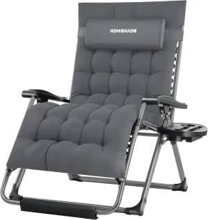 XXL Zero Gravity Chair with Cushion, 33In Oversized Zero Gravity Lounge Chair, Patio Outdoor Recliner Chair for Indoor Outdoor with Headrest, Cup Holder, Footrest Support 500Lbs, Grey