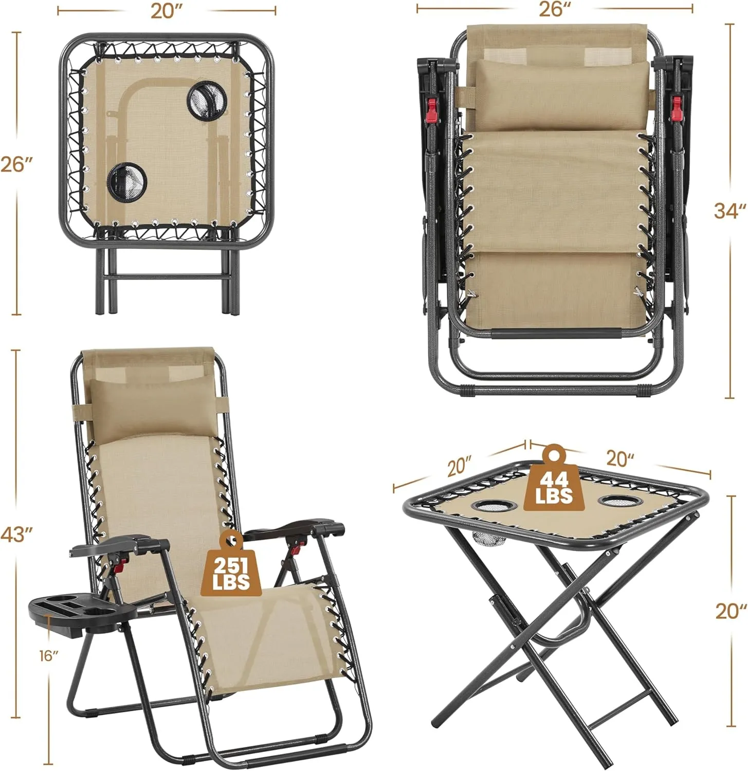Yaheetech 3PCS Zero Gravity Recliner Portable Outdoor Reclining Chair Set w/Side Table Folding Chaise Lounge Chairs for Patio Beach Deck Garden Pool Beige