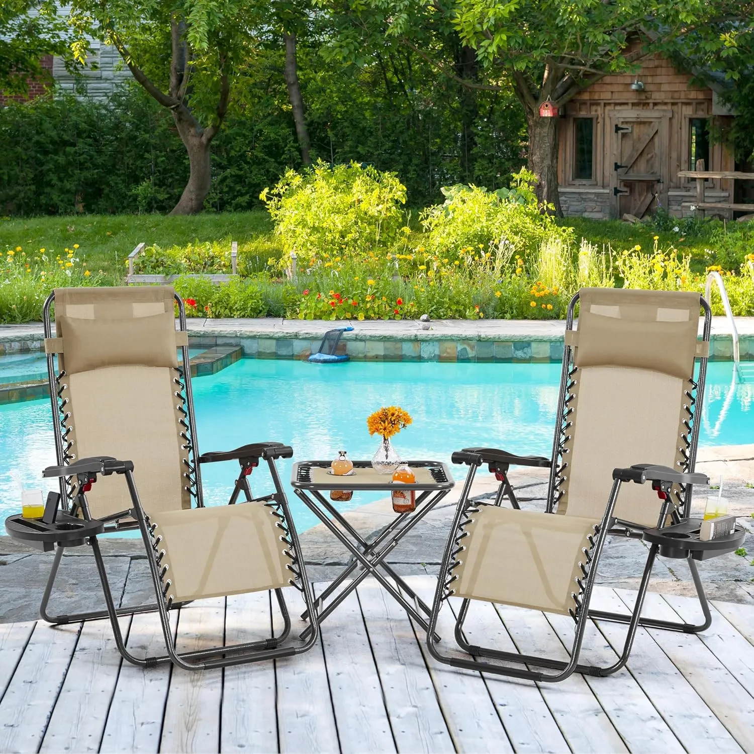 Yaheetech 3PCS Zero Gravity Recliner Portable Outdoor Reclining Chair Set w/Side Table Folding Chaise Lounge Chairs for Patio Beach Deck Garden Pool Beige