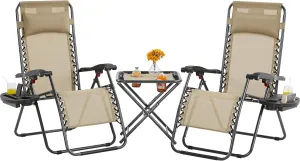Yaheetech 3PCS Zero Gravity Recliner Portable Outdoor Reclining Chair Set w/Side Table Folding Chaise Lounge Chairs for Patio Beach Deck Garden Pool Beige