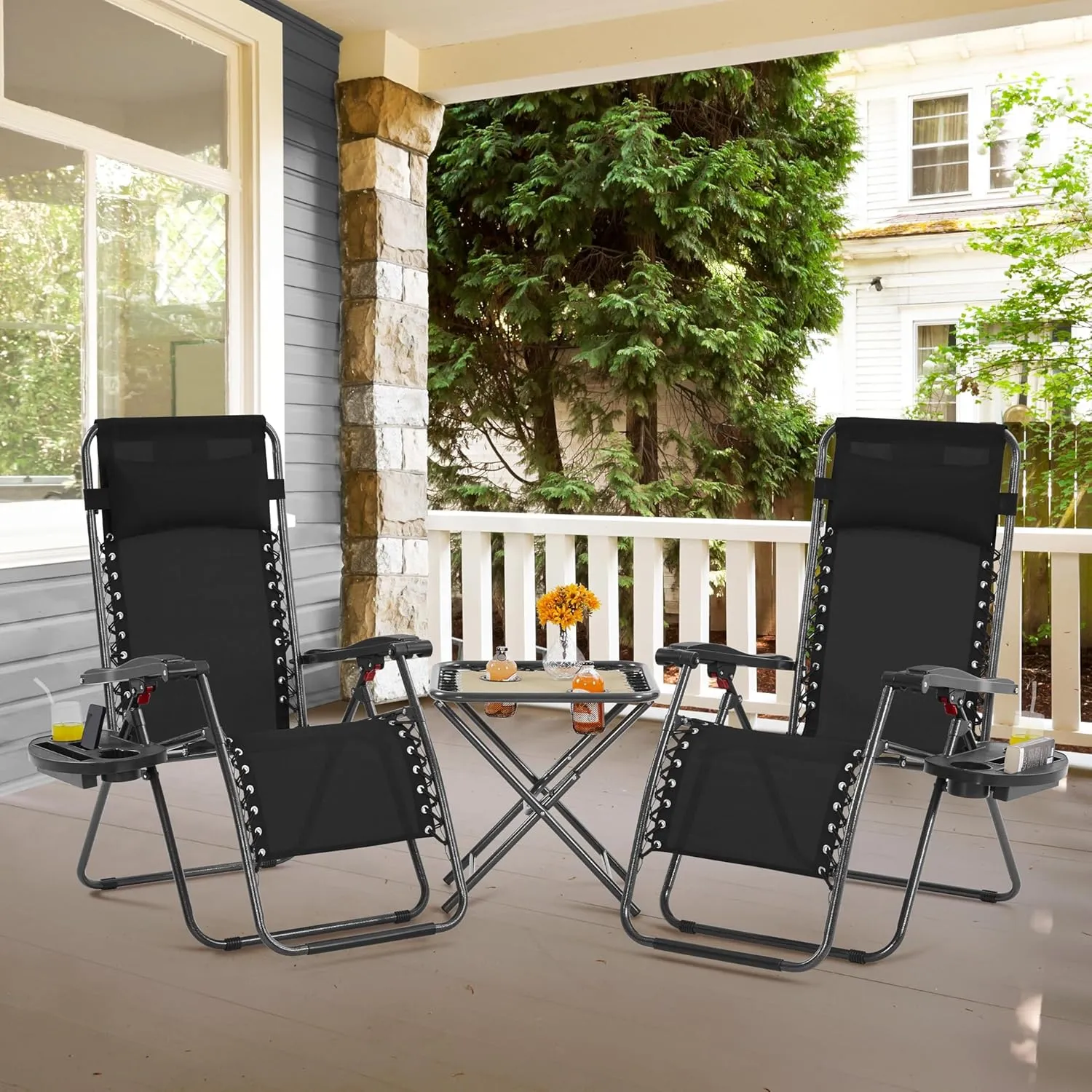 Yaheetech 3PCS Zero Gravity Recliner Portable Outdoor Reclining Chair Set w/Side Table Folding Chaise Lounge Chairs for Patio Beach Deck Garden Pool Black