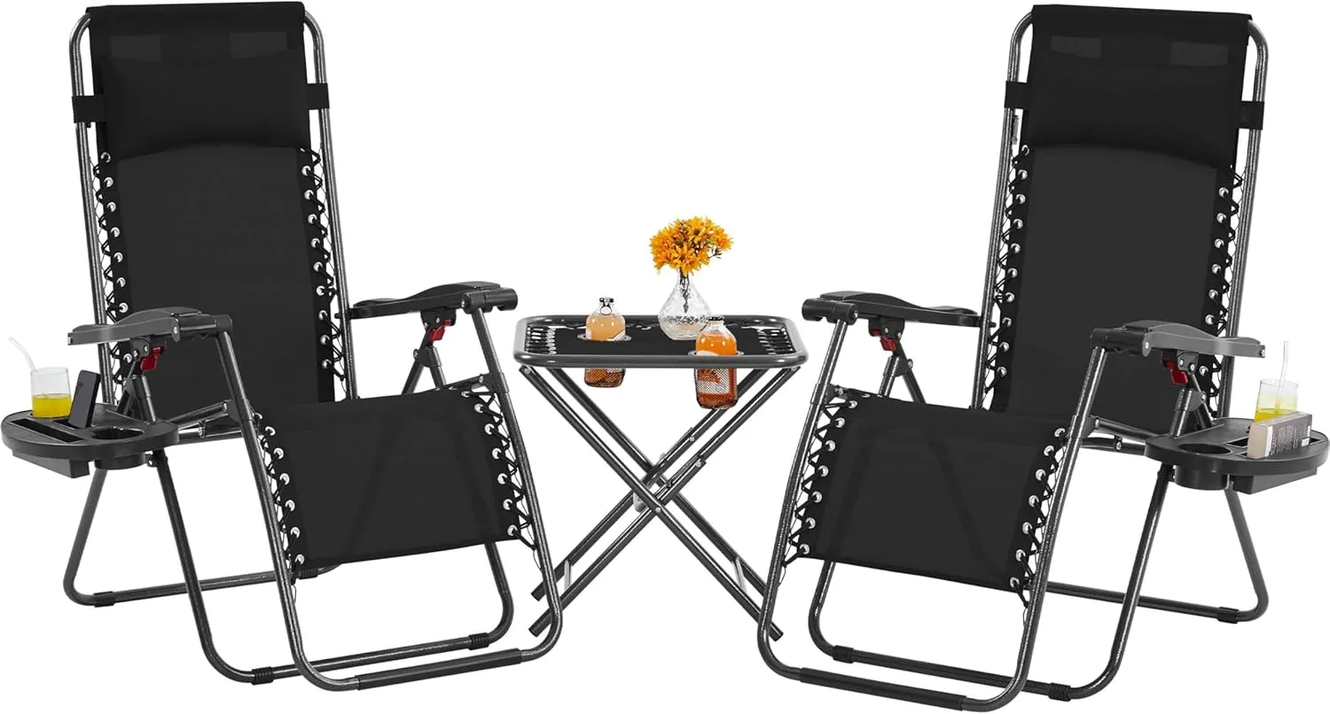 Yaheetech 3PCS Zero Gravity Recliner Portable Outdoor Reclining Chair Set w/Side Table Folding Chaise Lounge Chairs for Patio Beach Deck Garden Pool Black