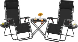 Yaheetech 3PCS Zero Gravity Recliner Portable Outdoor Reclining Chair Set w/Side Table Folding Chaise Lounge Chairs for Patio Beach Deck Garden Pool Black