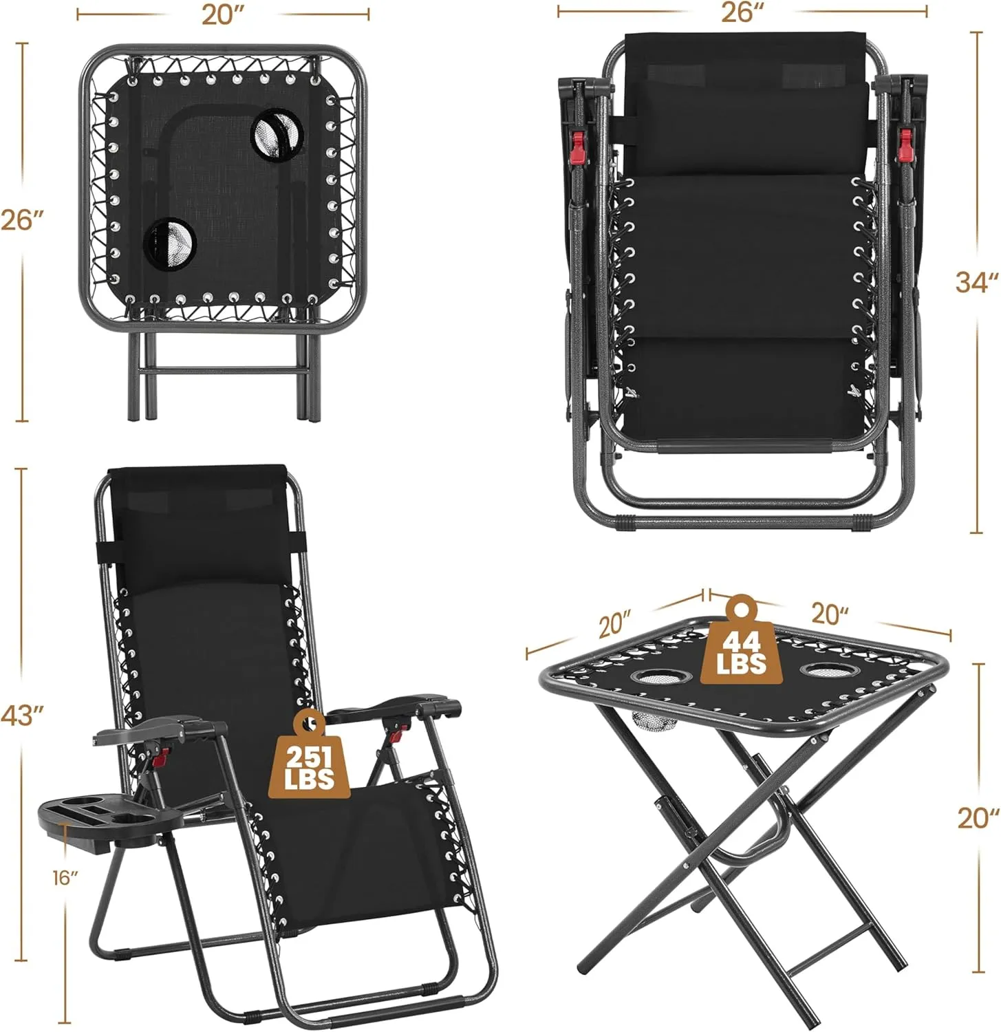 Yaheetech 3PCS Zero Gravity Recliner Portable Outdoor Reclining Chair Set w/Side Table Folding Chaise Lounge Chairs for Patio Beach Deck Garden Pool Black