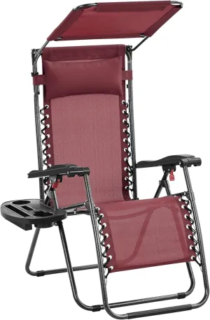 Yaheetech Outdoor Zero Gravity Chair Foldable Recliner Adjustable Patio Lounge w/Canopy Shade, Side Cup Holder Tray, Carry Strap for Garden Beach Lawn Deck Burgundy/1