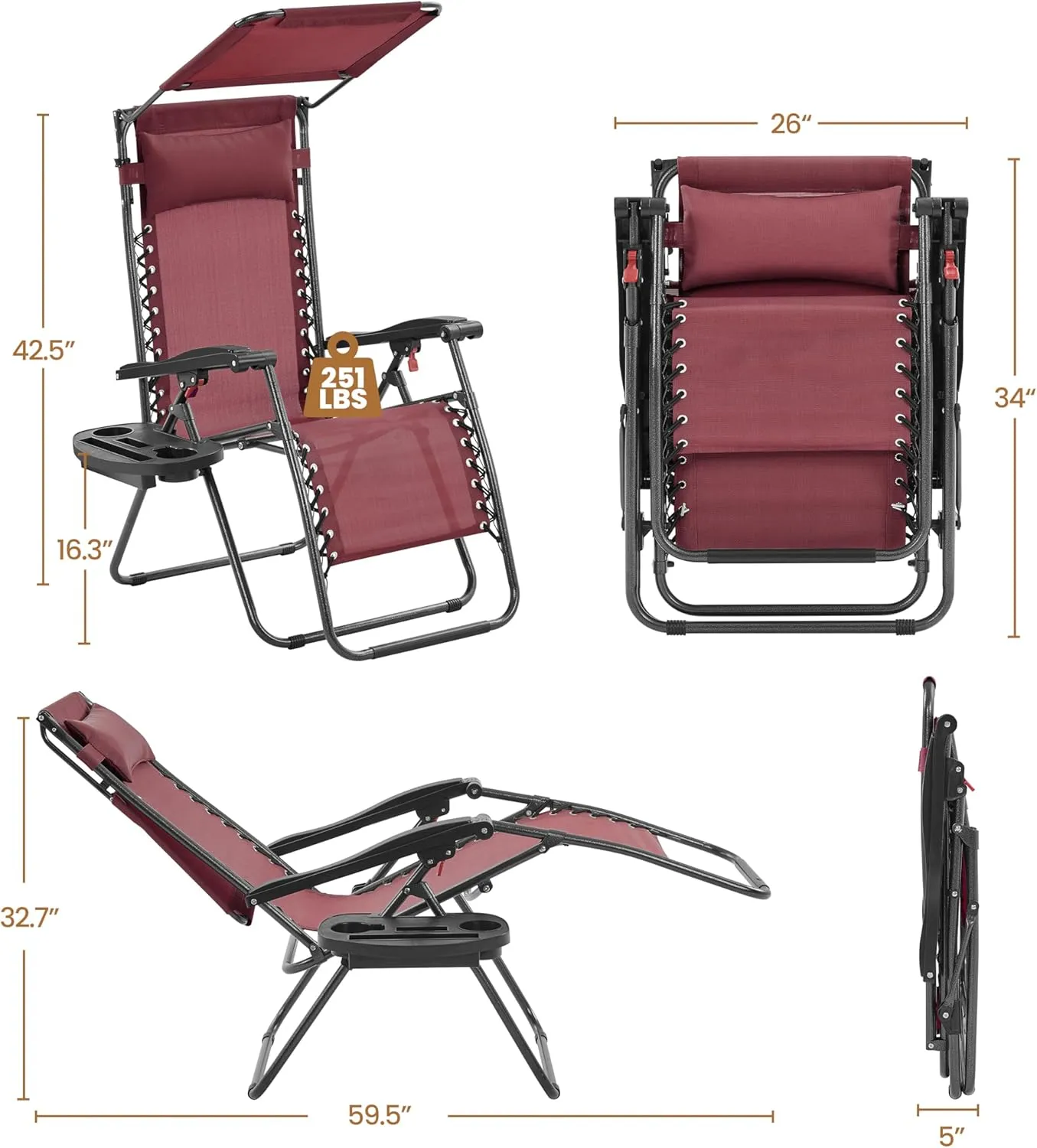 Yaheetech Outdoor Zero Gravity Chair Foldable Recliner Adjustable Patio Lounge w/Canopy Shade, Side Cup Holder Tray, Carry Strap for Garden Beach Lawn Deck Burgundy/1