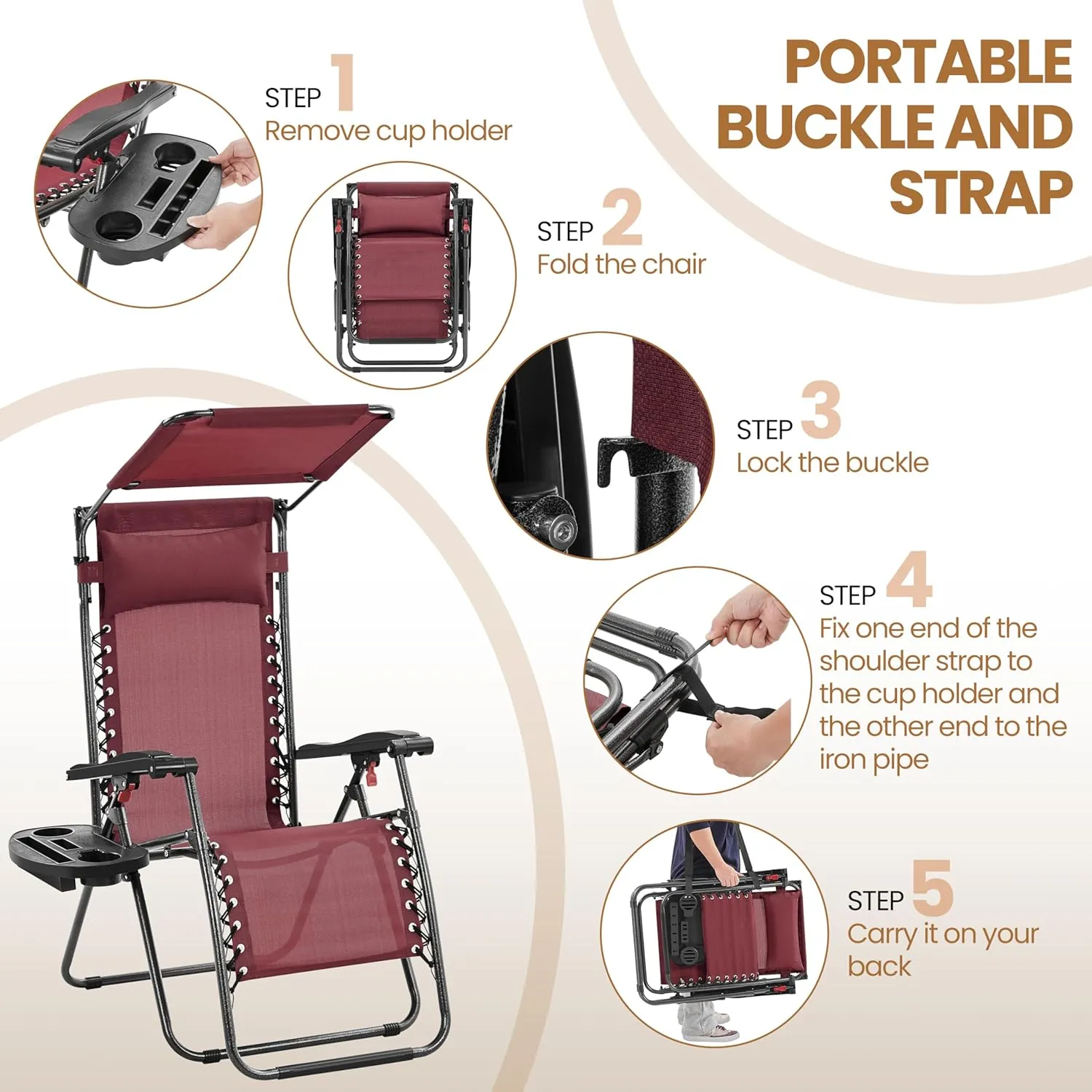 Yaheetech Outdoor Zero Gravity Chair Foldable Recliner Adjustable Patio Lounge w/Canopy Shade, Side Cup Holder Tray, Carry Strap for Garden Beach Lawn Deck Burgundy/1
