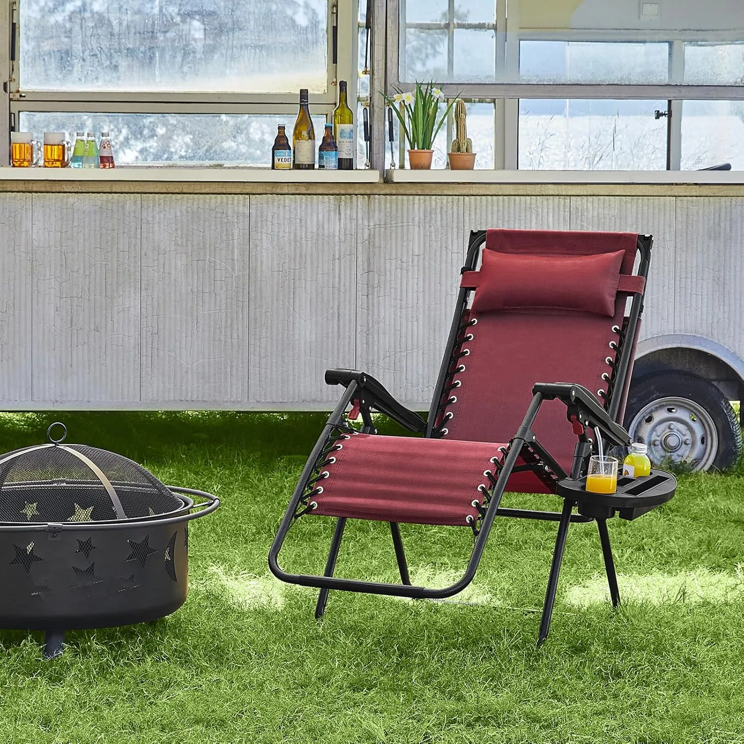 Yaheetech Outdoor Zero Gravity Chair Foldable Recliner Adjustable Patio Lounge w/Canopy Shade, Side Cup Holder Tray, Carry Strap for Garden Beach Lawn Deck Burgundy/1