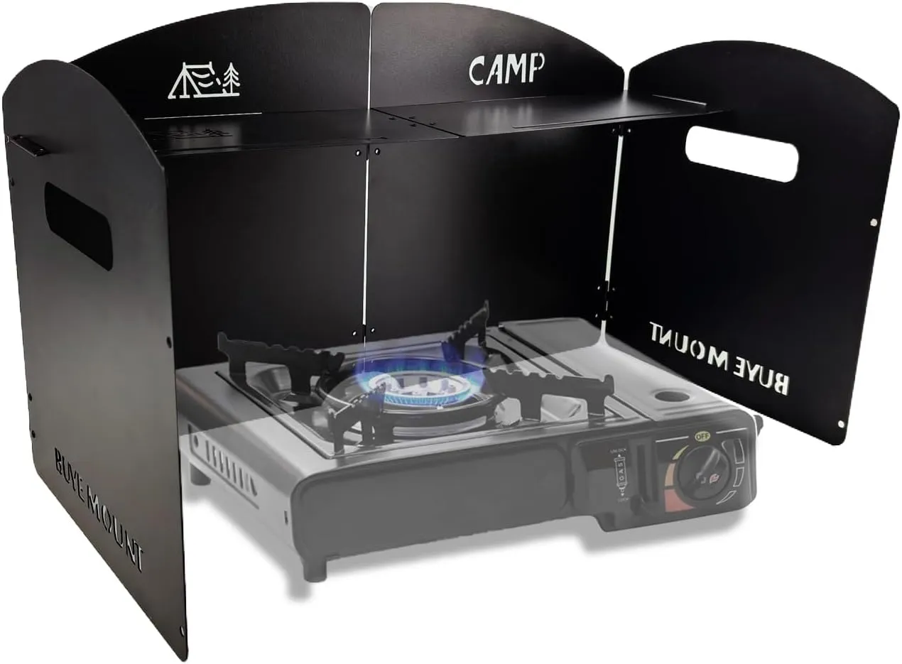 YBTMG Folding Windscreen Camp Stove with Storage Shelf, 4 Plates Steel Gas Stove Windshield with Drawstring Bag for Outdoor Picnic, BBQ, Hiking, Backpacking