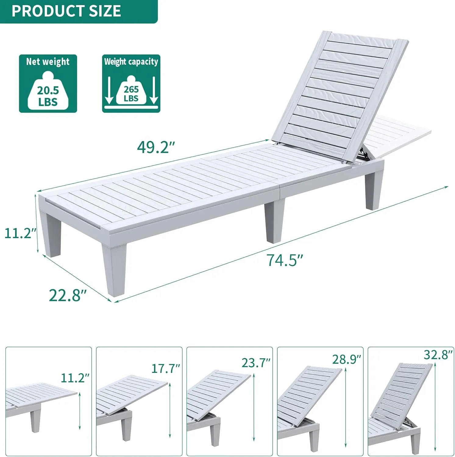 YITAHOME Chaise Outdoor Lounge Chairs Set of 2 with Adjustable Backrest, Sturdy Loungers for Patio & Poolside, Easy Assembly & Waterproof & Lightweight with 265lbs Weight Capacity, Grayish-White