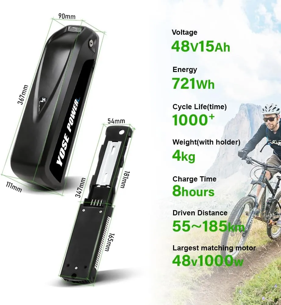 Yose Power Ebike Battery 36V 13Ah 17.4Ah/48V 13Ah 20Ah/52V 13Ah 15Ah Down Tube Battery for 200-1500W Motor, Electric Bicycle Lithium-Ion Battery, Safe Lock, Led Indicator Light, with Base and Charger