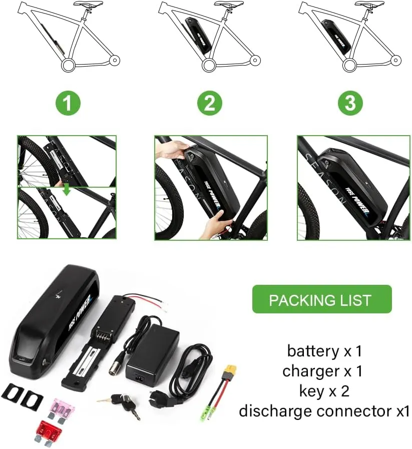 Yose Power Ebike Battery 36V 13Ah 17.4Ah/48V 13Ah 20Ah/52V 13Ah 15Ah Down Tube Battery for 200-1500W Motor, Electric Bicycle Lithium-Ion Battery, Safe Lock, Led Indicator Light, with Base and Charger