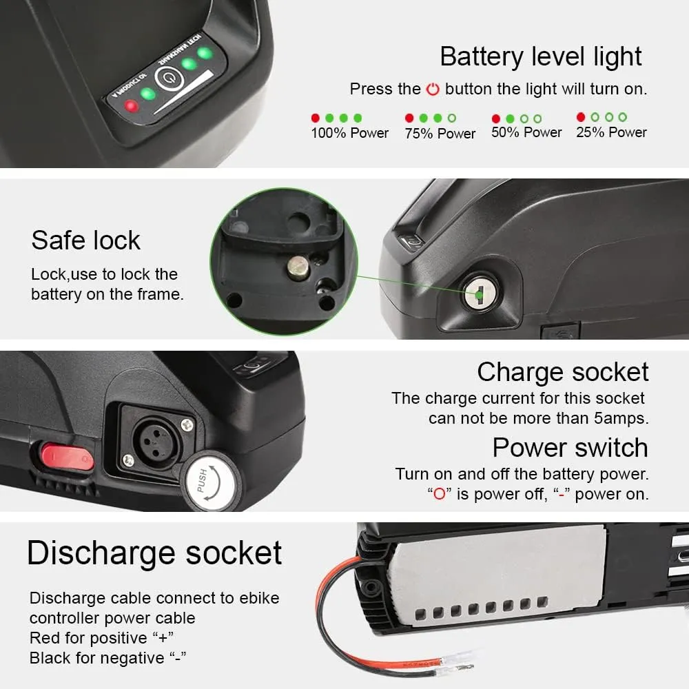 Yose Power Ebike Battery 36V 13Ah 17.4Ah/48V 13Ah 20Ah/52V 13Ah 15Ah Down Tube Battery for 200-1500W Motor, Electric Bicycle Lithium-Ion Battery, Safe Lock, Led Indicator Light, with Base and Charger