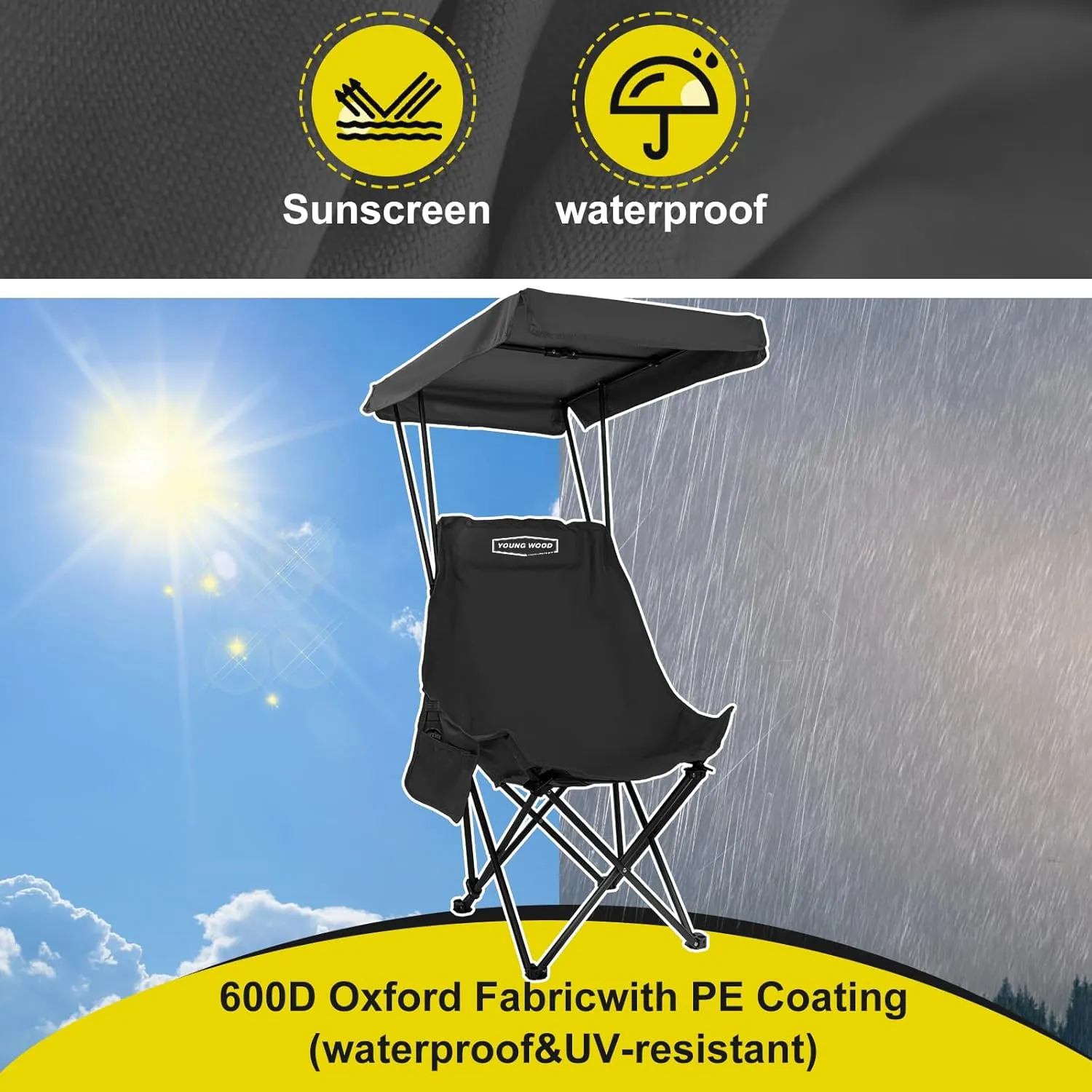 YOUNG WOOD Portable Camping Chair Beach Chair with Shade Canopy, Fold Lightweight Oversized for All, Easy to Open and Close Without Installation, Side Pocket Design for All Outdoor Activities, Black