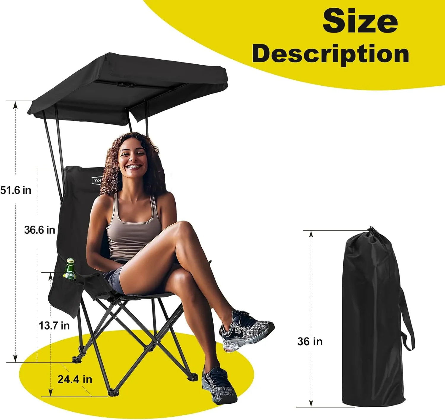 YOUNG WOOD Portable Camping Chair Beach Chair with Shade Canopy, Fold Lightweight Oversized for All, Easy to Open and Close Without Installation, Side Pocket Design for All Outdoor Activities, Black
