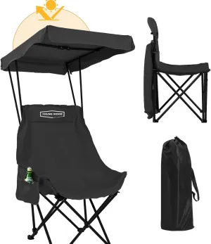 YOUNG WOOD Portable Camping Chair Beach Chair with Shade Canopy, Fold Lightweight Oversized for All, Easy to Open and Close Without Installation, Side Pocket Design for All Outdoor Activities, Black