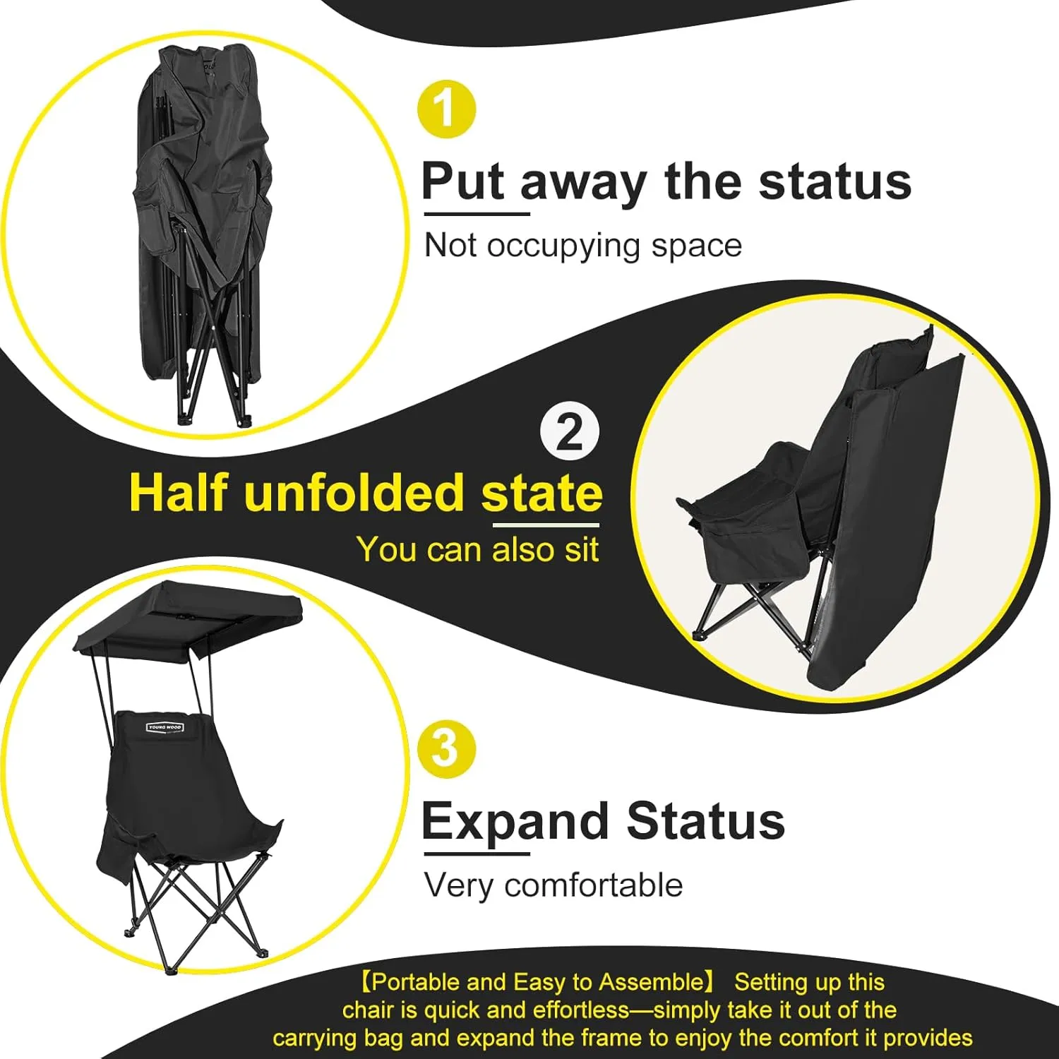 YOUNG WOOD Portable Camping Chair Beach Chair with Shade Canopy, Fold Lightweight Oversized for All, Easy to Open and Close Without Installation, Side Pocket Design for All Outdoor Activities, Black