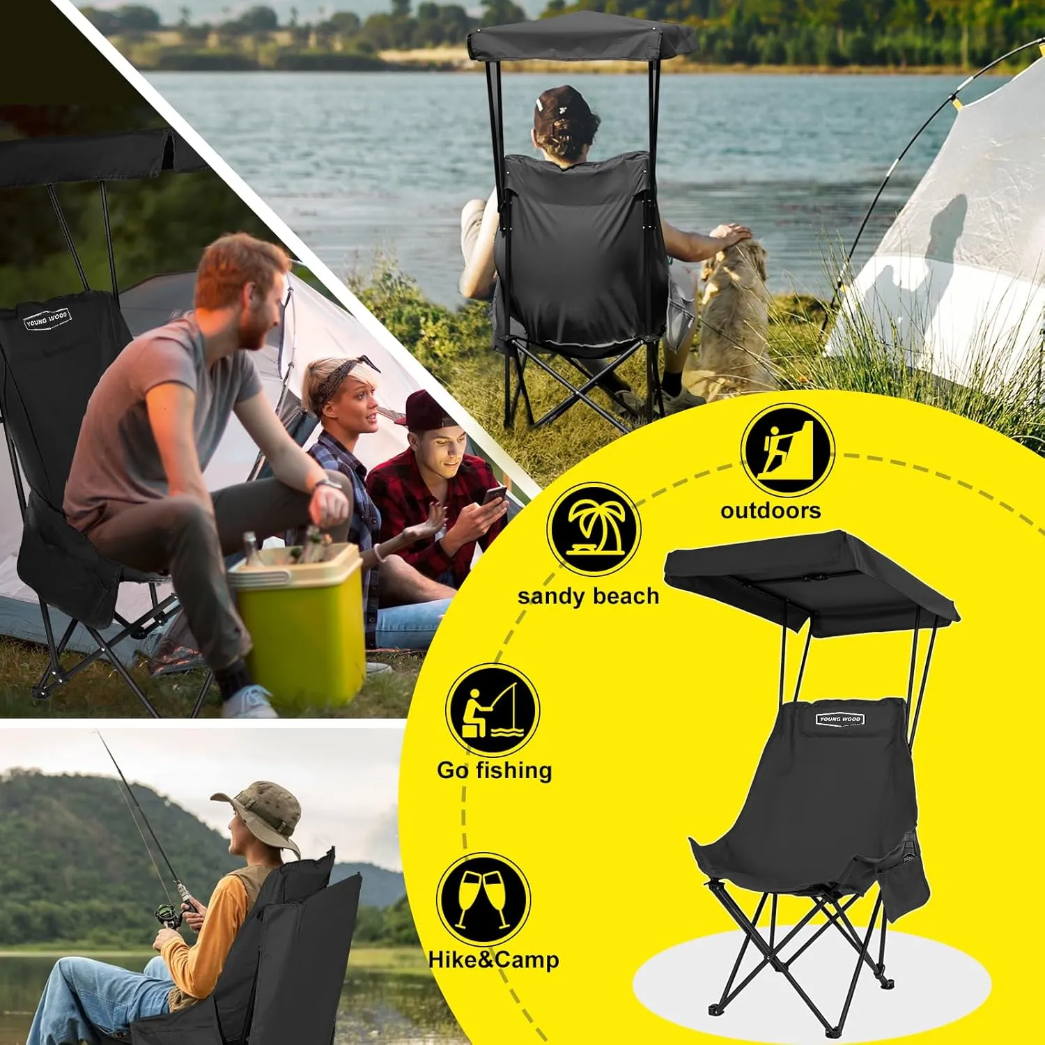 YOUNG WOOD Portable Camping Chair Beach Chair with Shade Canopy, Fold Lightweight Oversized for All, Easy to Open and Close Without Installation, Side Pocket Design for All Outdoor Activities, Black