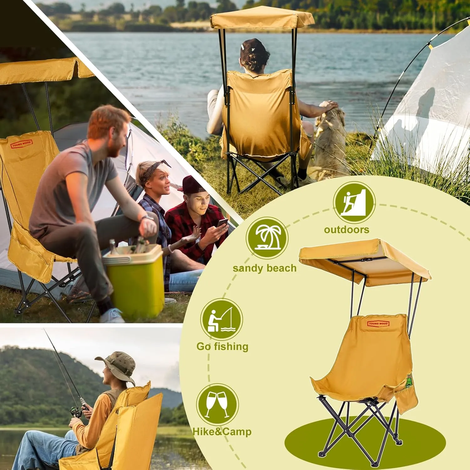 YOUNG WOOD Portable Camping Chair Beach Chair with Shade Canopy, Fold Lightweight Oversized for All, Easy to Open, Close Without Installation, Side Pocket Design for All Outdoor Activities, Turmeric