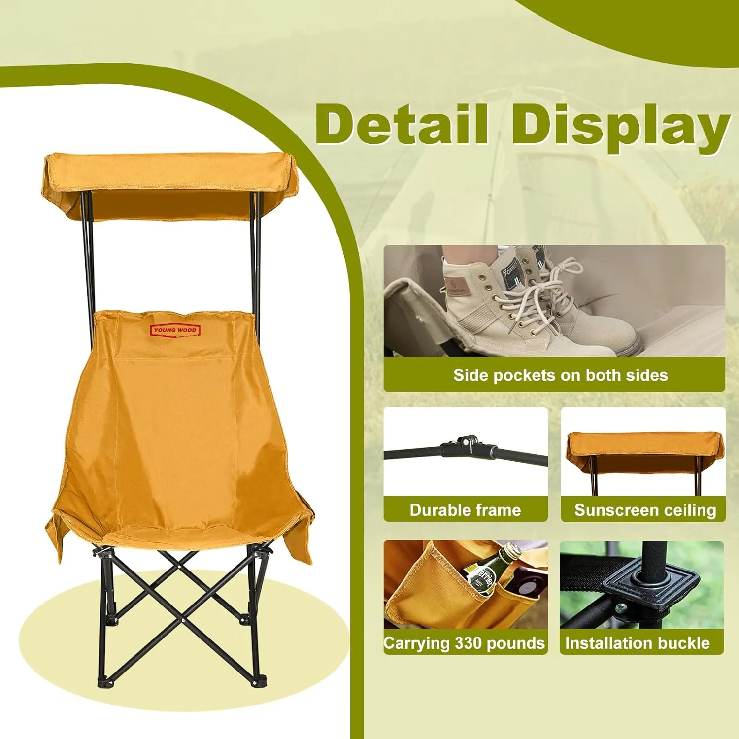 YOUNG WOOD Portable Camping Chair Beach Chair with Shade Canopy, Fold Lightweight Oversized for All, Easy to Open, Close Without Installation, Side Pocket Design for All Outdoor Activities, Turmeric
