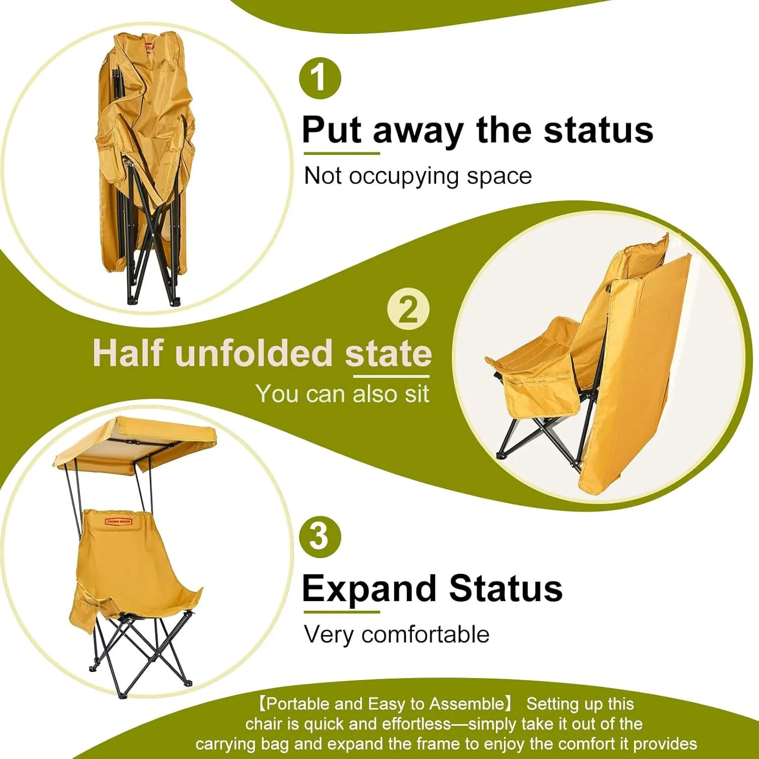 YOUNG WOOD Portable Camping Chair Beach Chair with Shade Canopy, Fold Lightweight Oversized for All, Easy to Open, Close Without Installation, Side Pocket Design for All Outdoor Activities, Turmeric