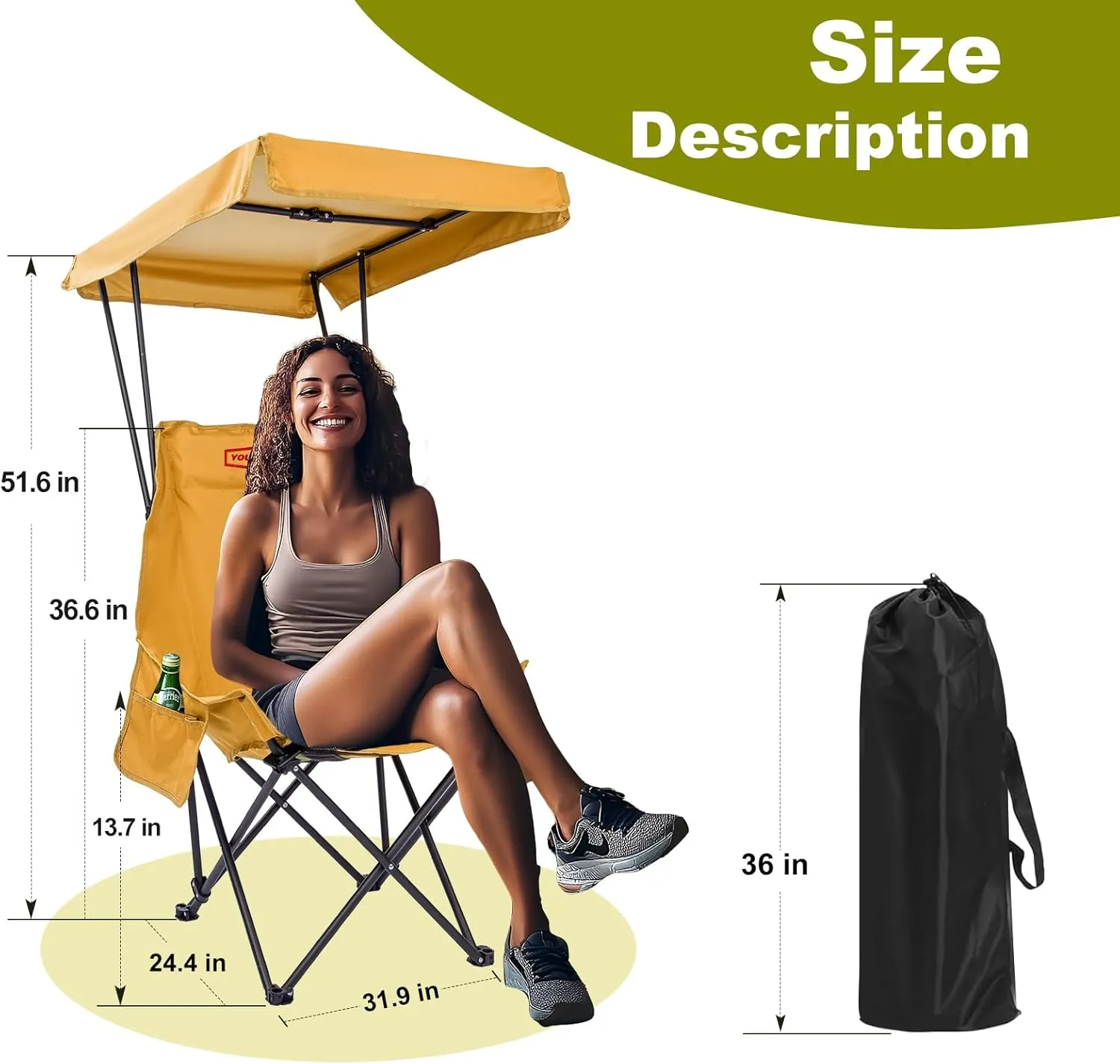 YOUNG WOOD Portable Camping Chair Beach Chair with Shade Canopy, Fold Lightweight Oversized for All, Easy to Open, Close Without Installation, Side Pocket Design for All Outdoor Activities, Turmeric