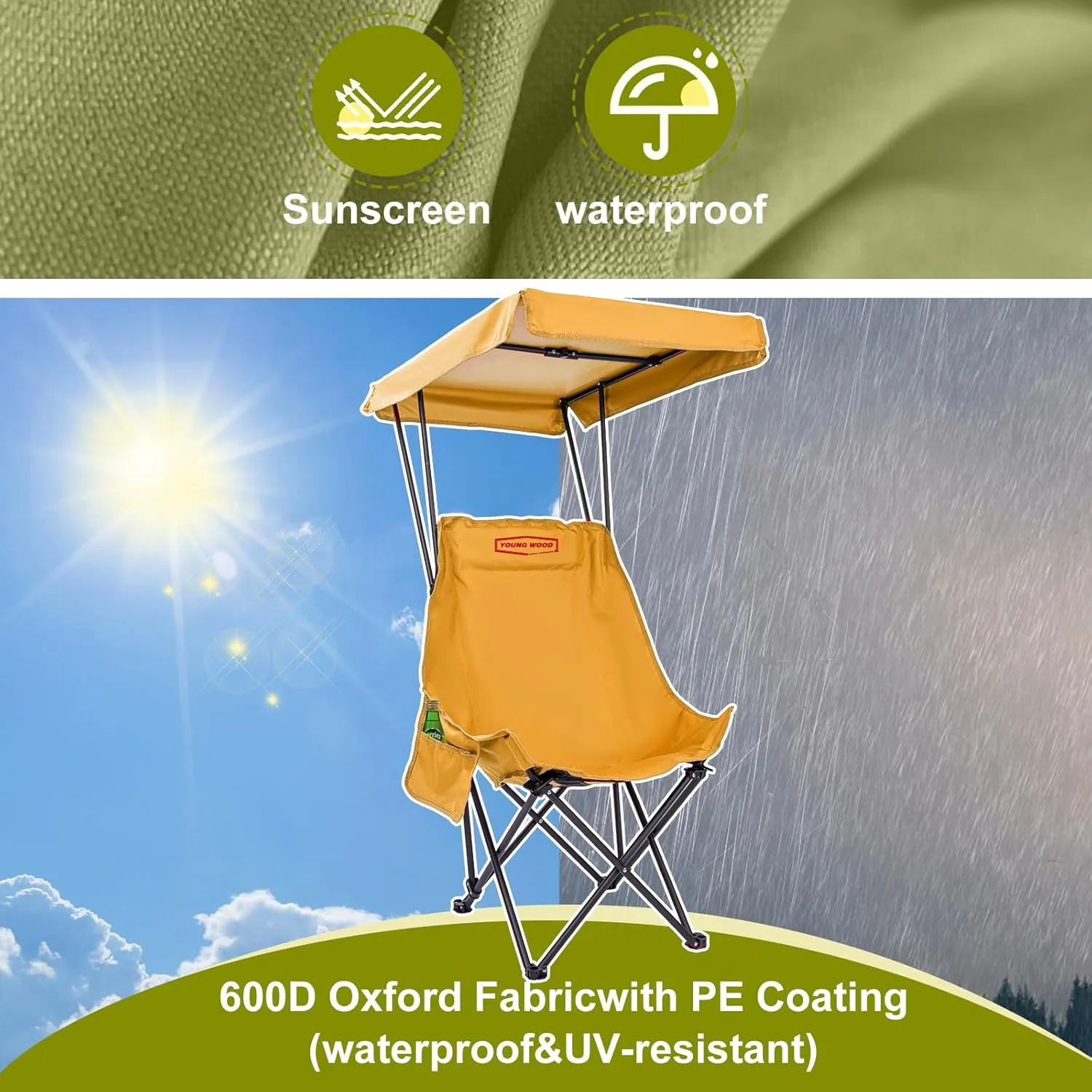 YOUNG WOOD Portable Camping Chair Beach Chair with Shade Canopy, Fold Lightweight Oversized for All, Easy to Open, Close Without Installation, Side Pocket Design for All Outdoor Activities, Turmeric