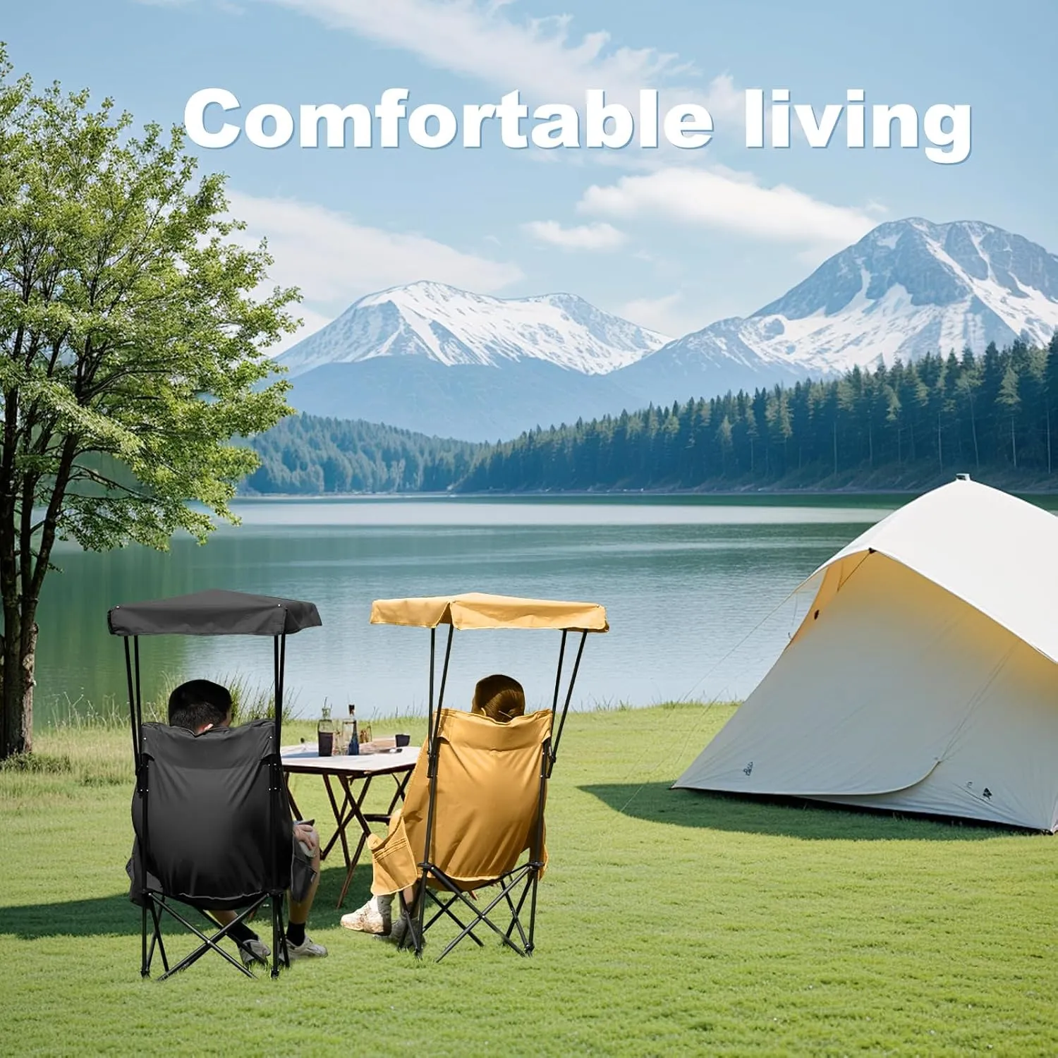YOUNG WOOD Portable Camping Chair Beach Chair with Shade Canopy, Fold Lightweight Oversized for All, Easy to Open, Close Without Installation, Side Pocket Design for All Outdoor Activities, Turmeric