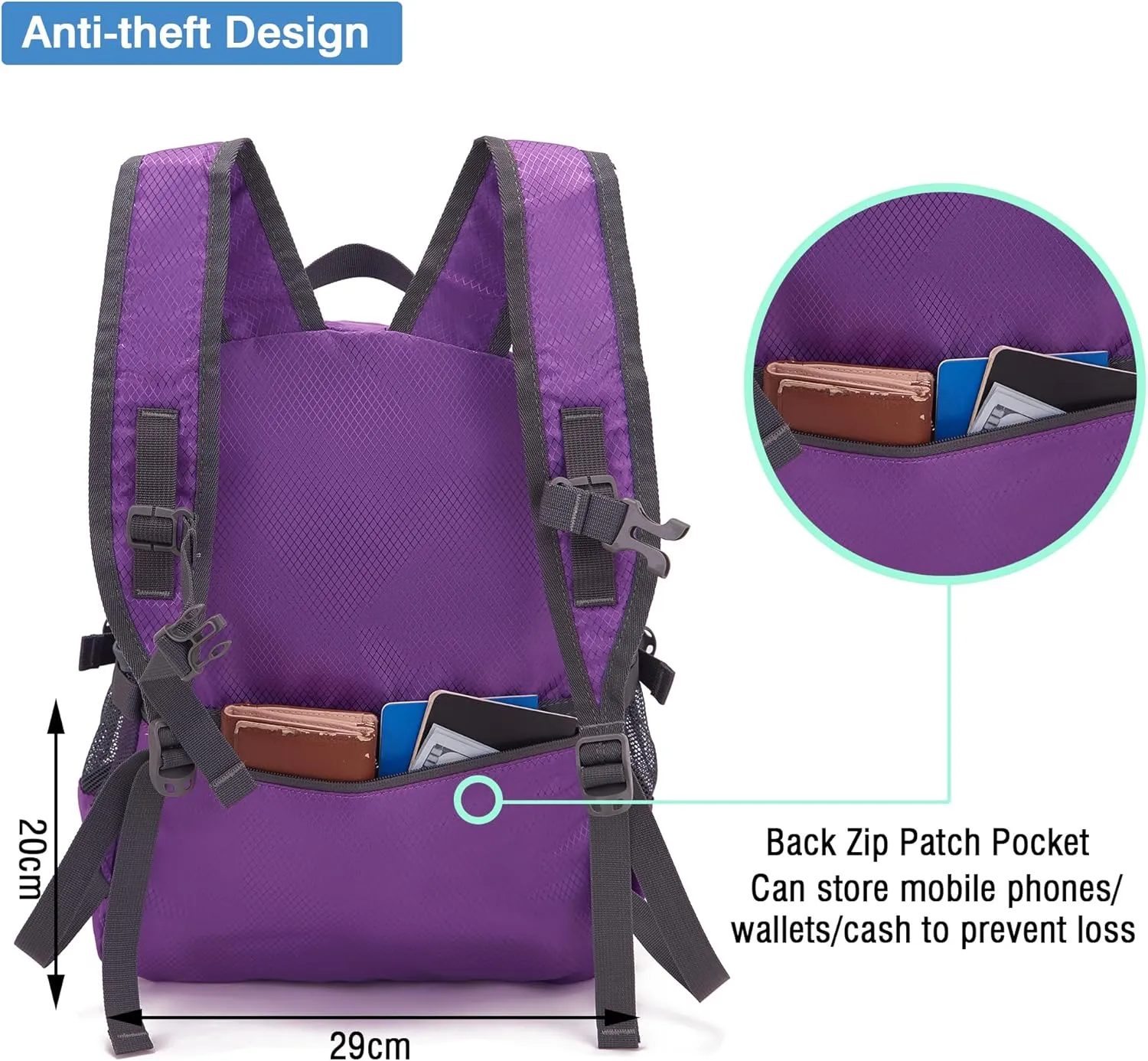 YZAOLL Small Lightweight Packable Hiking Backpack, 20L Hiking Backpack Day Pack for Women Men Travel Camping Vacation,Purple