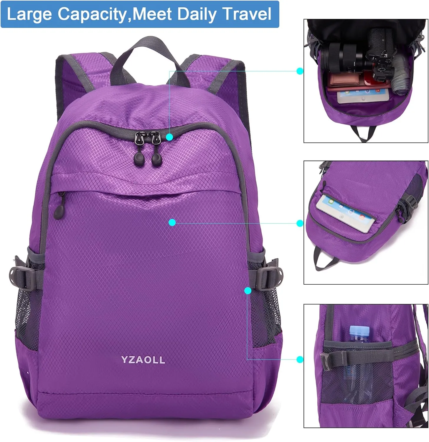 YZAOLL Small Lightweight Packable Hiking Backpack, 20L Hiking Backpack Day Pack for Women Men Travel Camping Vacation,Purple
