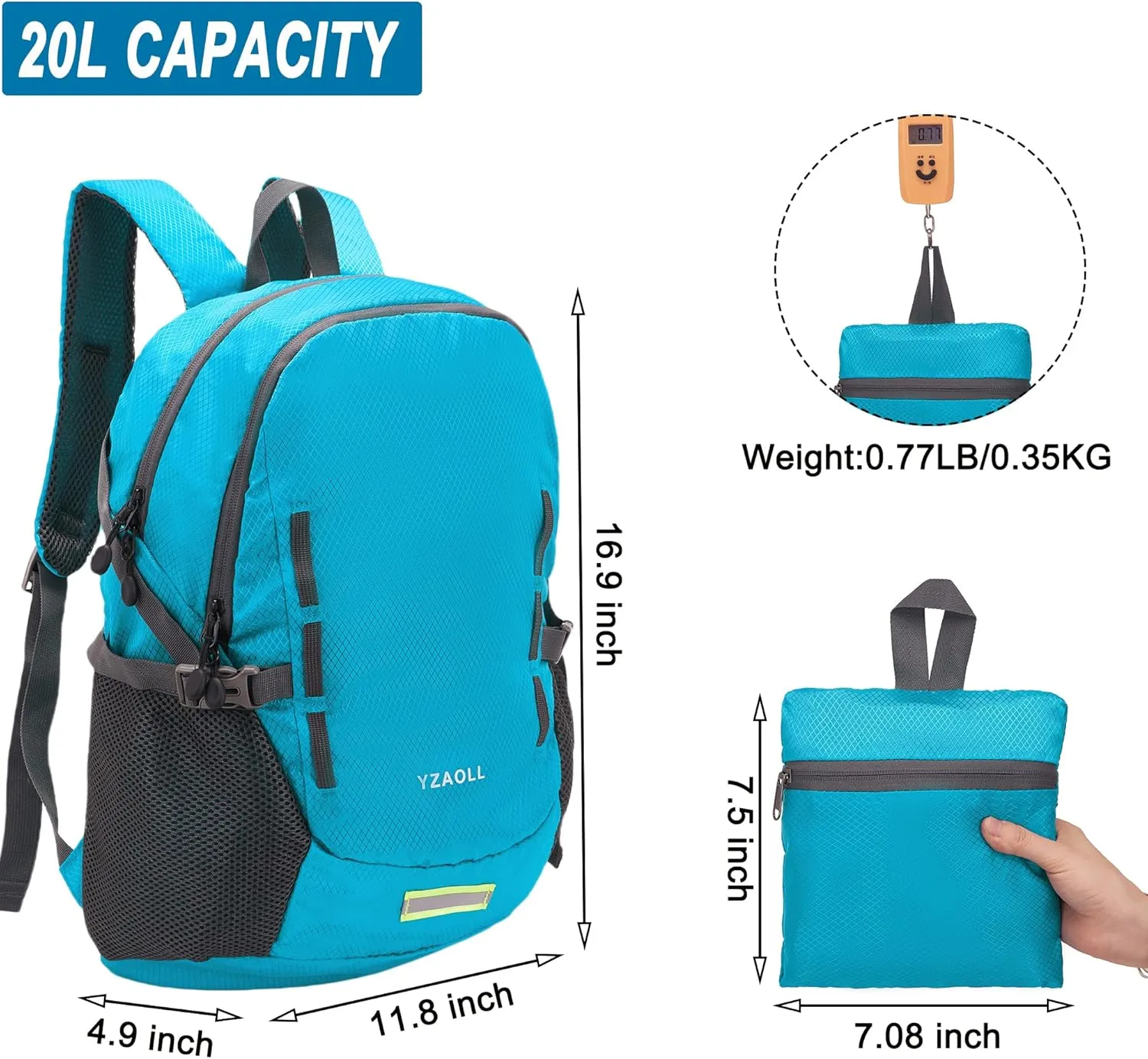 YZAOLL Ultra Lightweight Packable Backpack 20L Foldable Backpack Water Resistant Daypack for Women Men Travel Hiking Backpack