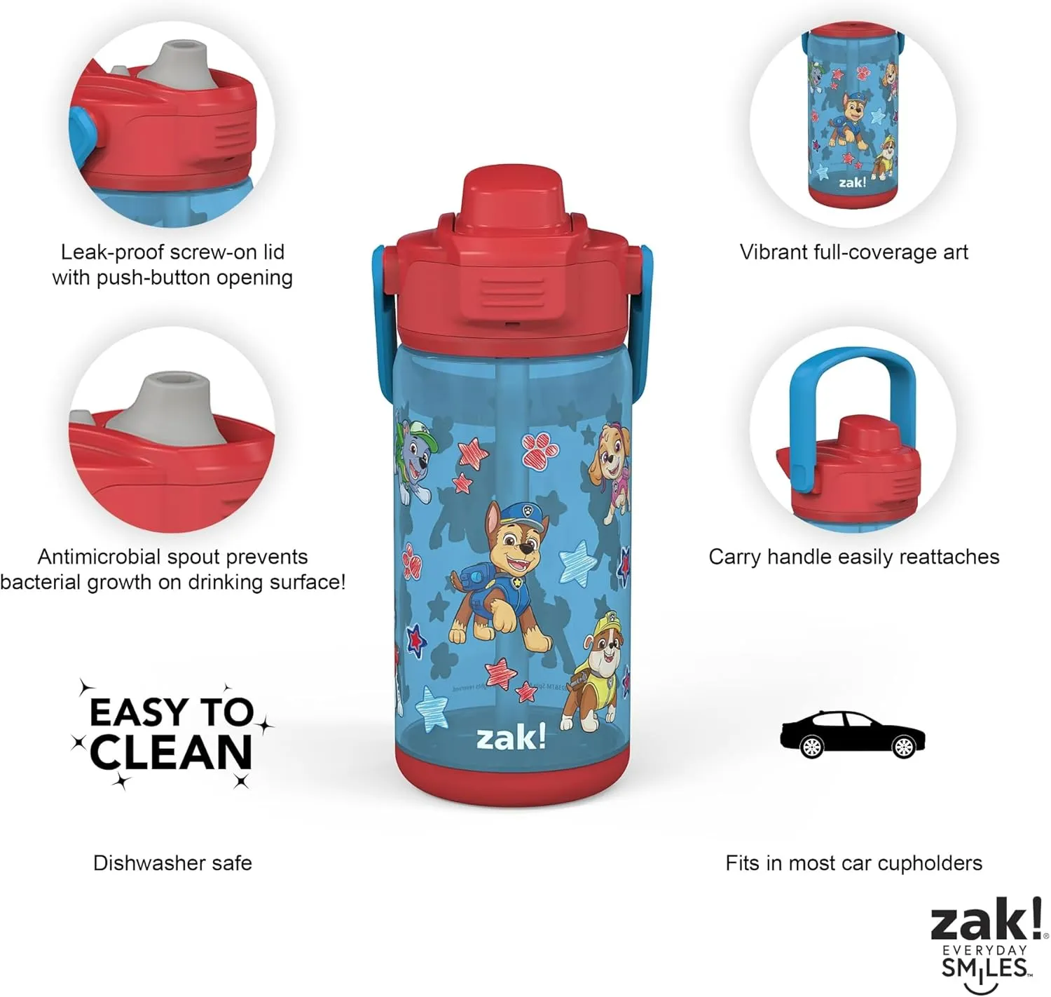 Zak Designs PAW Patrol Kid Water Bottle 2-Pack Set for Travel or At Home, 16oz Plastic is Durable and Leak-Proof with Silicone Spout, Cover, Carry Handle, Protective Base (Chase and Friends)
