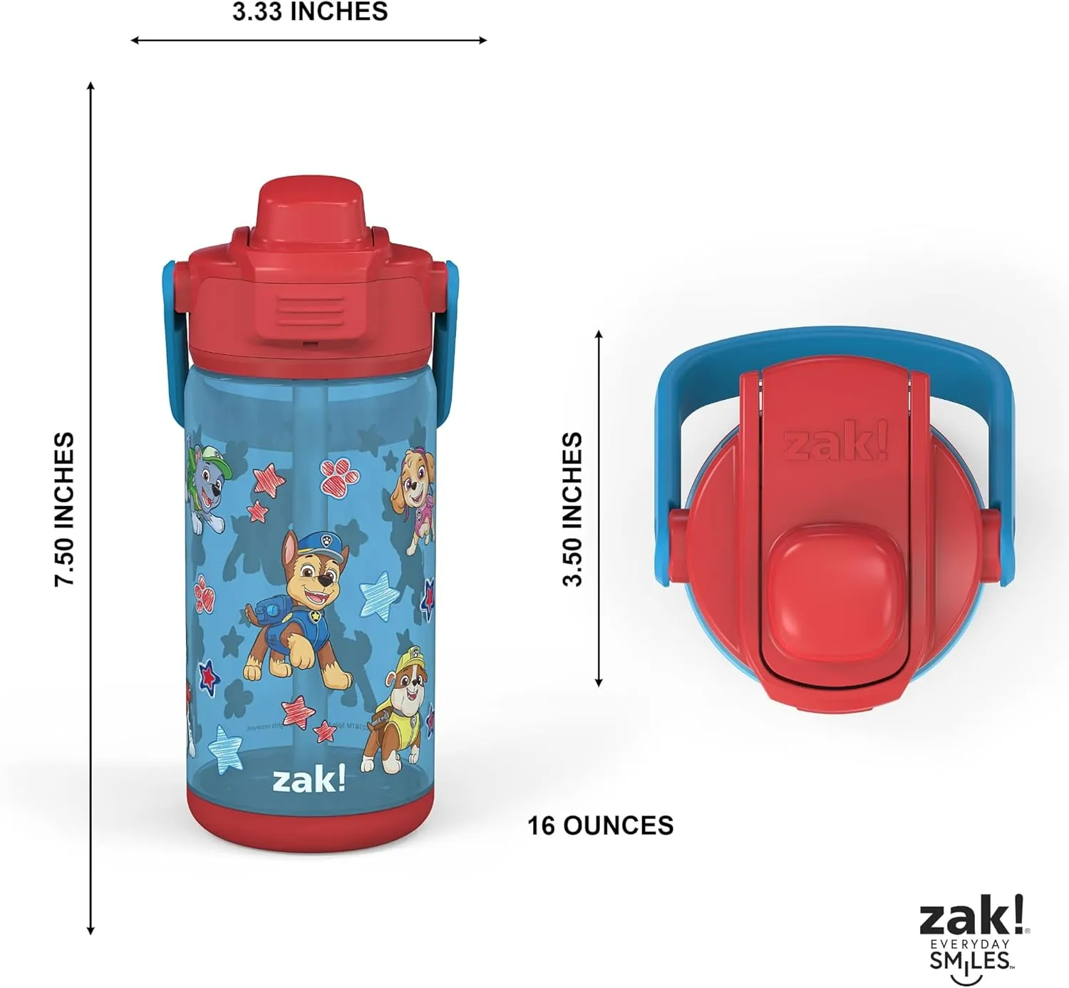 Zak Designs PAW Patrol Kid Water Bottle 2-Pack Set for Travel or At Home, 16oz Plastic is Durable and Leak-Proof with Silicone Spout, Cover, Carry Handle, Protective Base (Chase and Friends)