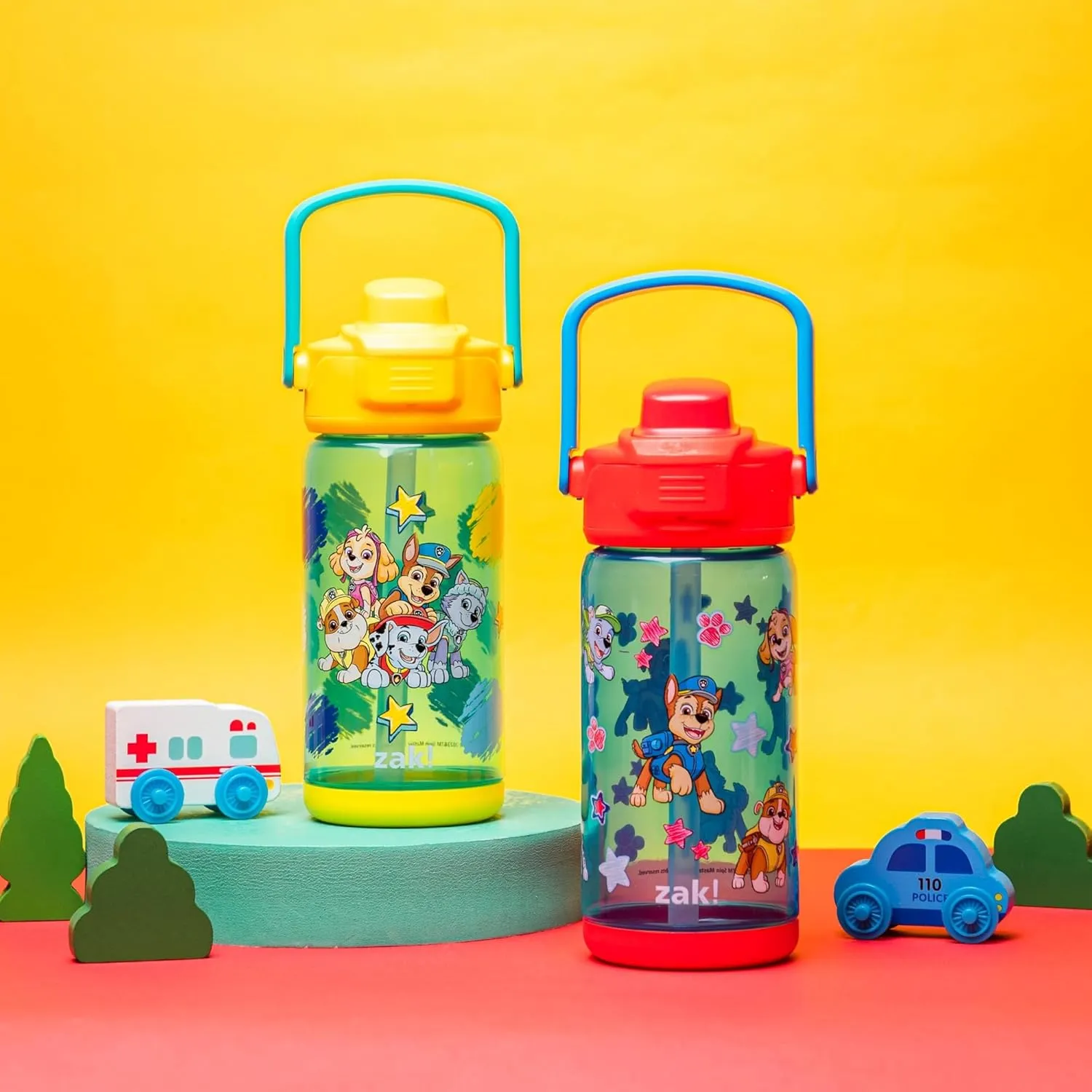 Zak Designs PAW Patrol Kid Water Bottle 2-Pack Set for Travel or At Home, 16oz Plastic is Durable and Leak-Proof with Silicone Spout, Cover, Carry Handle, Protective Base (Chase and Friends)