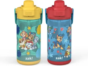 Zak Designs PAW Patrol Kid Water Bottle 2-Pack Set for Travel or At Home, 16oz Plastic is Durable and Leak-Proof with Silicone Spout, Cover, Carry Handle, Protective Base (Chase and Friends)