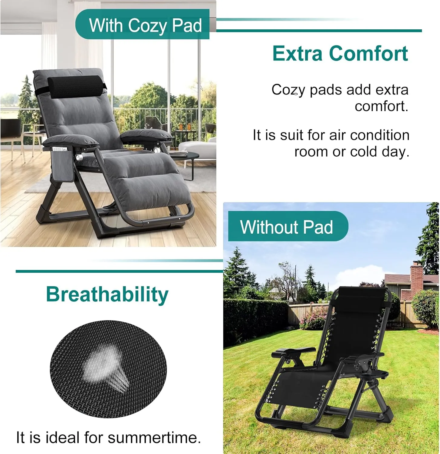 Zero Gravity Chair, Lawn Recliner, Reclining Patio Lounger Chair, Folding Portable Chaise with Detachable Soft Cushion, Cup Holder, Headrest